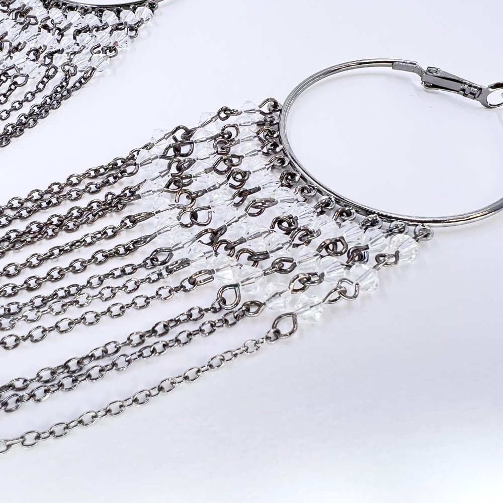 NWT - Catherine Stein - Large Gunmetal Tone Beaded Chain Dangle Hoop Earrings - Picture 3 of 6